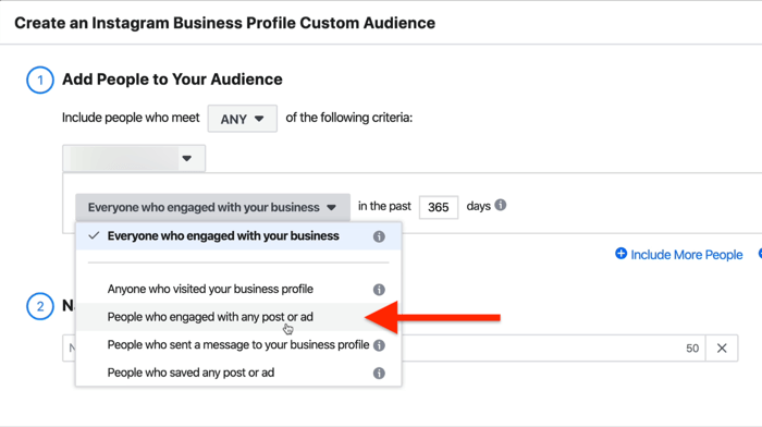 Criar uma caixa de diálogo de público personalizado do perfil de negócios do Instagram