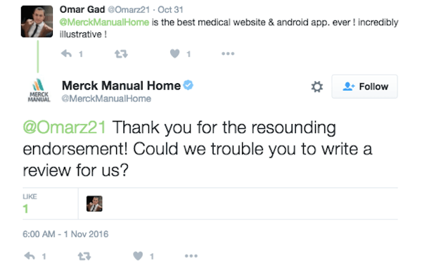 O Merck Manual Home incentiva o cliente a deixar um comentário sobre seu aplicativo.
