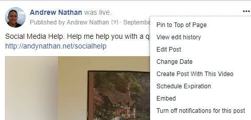 Para obter o código de incorporação em uma postagem de vídeo do Facebook Live, clique no menu de três pontos e selecione Incorporar.