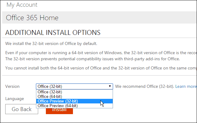 Instalar a visualização do Office 2016