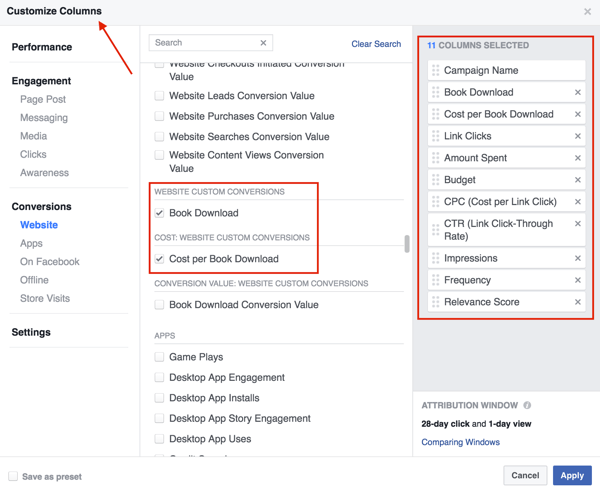 Selecione as colunas que deseja adicionar à tabela de resultados de anúncios do Facebook.
