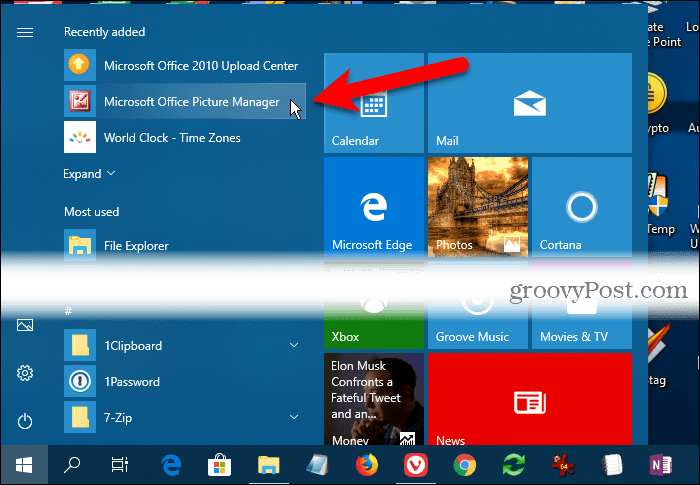O Microsoft Office Picture Manager em Recentemente adicionado ao menu Iniciar do Windows 10