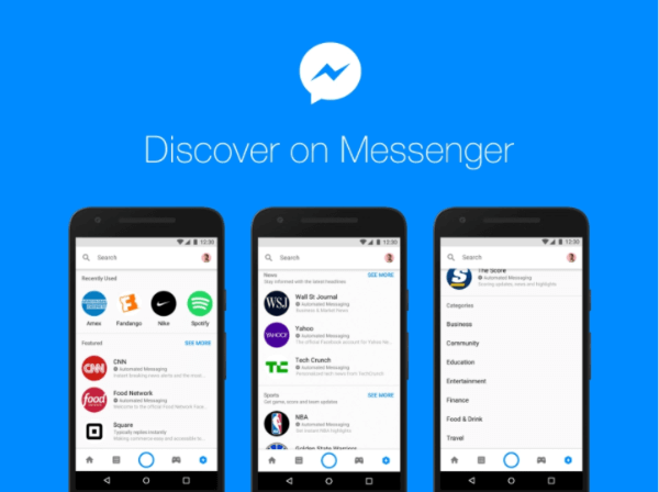 O novo hub Discover do Facebook dentro da plataforma do Messenger permite que as pessoas naveguem e encontrem bots e empresas no Messenger.