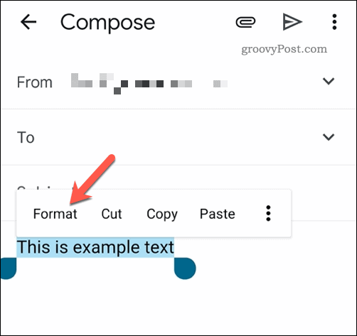 Formatando o texto selecionado no aplicativo Gmail no celular