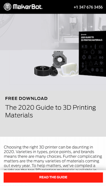 captura de tela de uma página de destino do makerbot com uma frase de chamariz 'leia o guia' para download gratuito