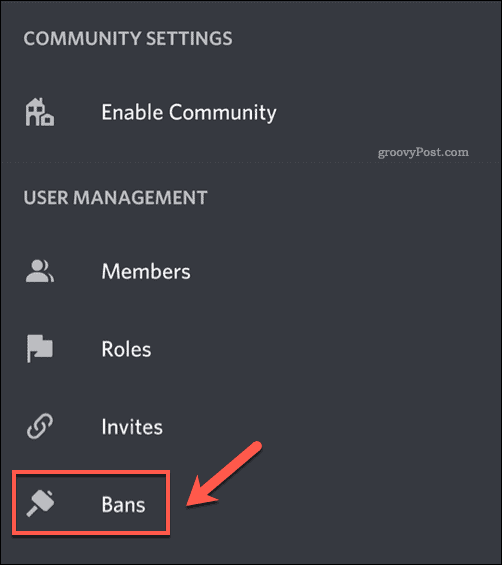 A opção de menu Bans no menu de configurações do aplicativo Discord