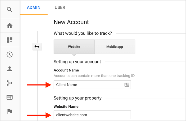Preencha as informações para criar uma nova conta de cliente a partir de sua conta do Google Analytics.