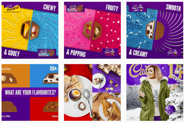 O feed do Instagram da Cadbury se concentra em sua icônica cor roxa.
