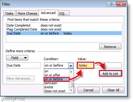 Captura de tela: Filtro de configuração da barra de tarefas pendentes do Outlook 2007 hoje
