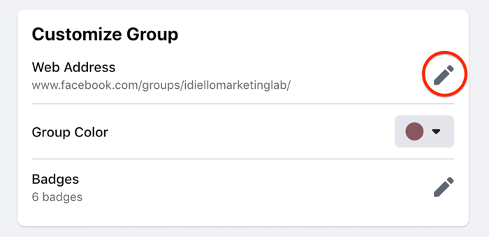 opção de configurações de grupo de personalização do Facebook destacada para editar o endereço da web