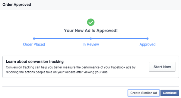 notificação de aprovação para celular de anúncio de tela do Facebook