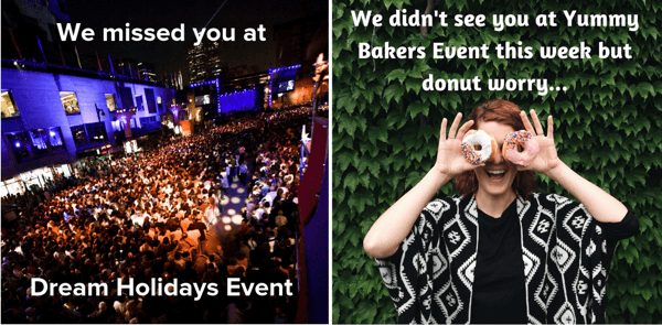 Como promover seu evento ao vivo no Facebook, etapa 12, exemplos de anúncios de retargeting de eventos ao vivo no Facebook por Dream Holidays Event e Yummy Bakers Event