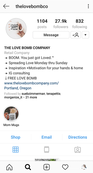 Exemplo de biografia do perfil do Instagram Business com oferta de @thelovebombco.