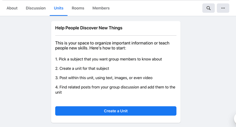 opção de criar uma unidade nas unidades do Facebook criar uma guia de unidade