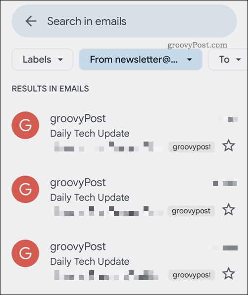 Resultados de pesquisa do aplicativo Gmail
