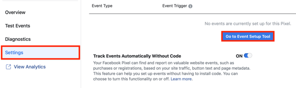 Use a ferramenta de configuração de eventos do Facebook, etapa 2, botão Vá para a ferramenta de configuração de eventos na guia Configurações