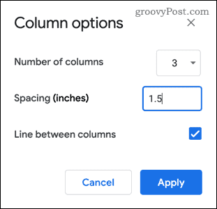 O menu de opções da coluna no Google Docs