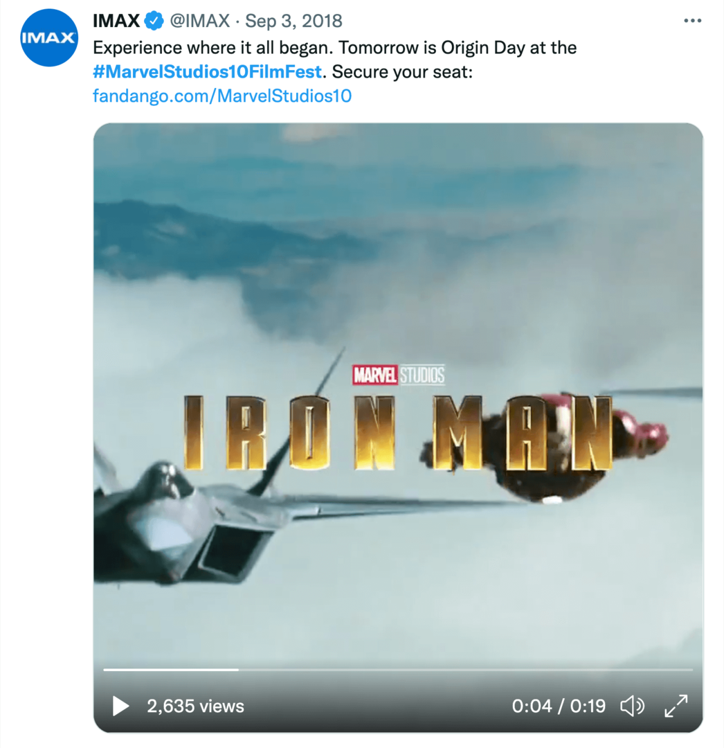 imagem do tweet IMAX sobre o festival de cinema de 10 anos da Marvel Studios