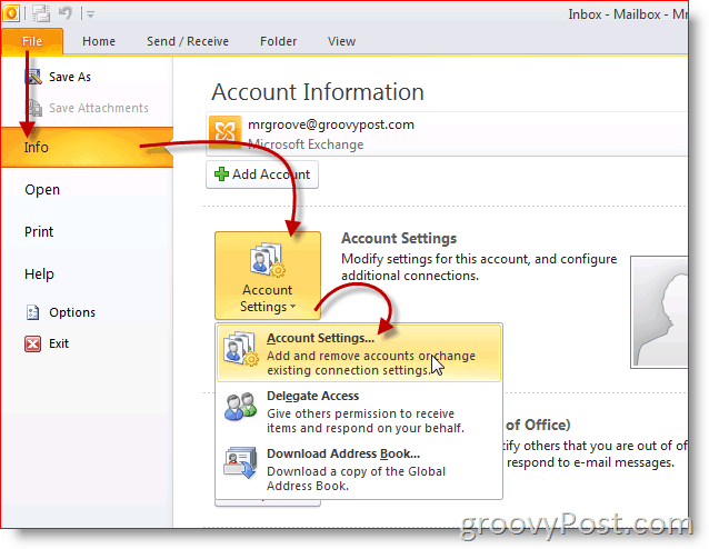 Configurações da conta de captura de tela do Outlook 2010