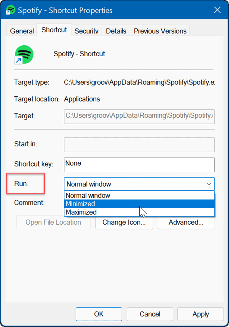 propriedades de atalho iniciam aplicativos durante a inicialização no Windows 11
