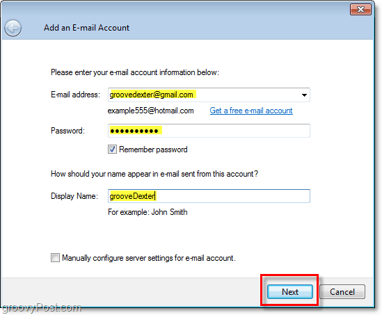 insira credenciais para a conta de email no Windows Live Mail