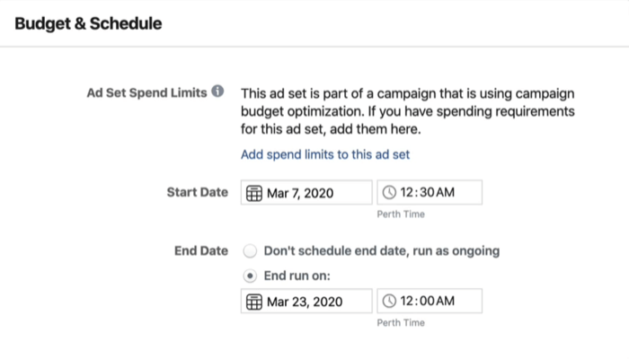 Seção de orçamento e programação no nível do conjunto de anúncios no Gerenciador de anúncios do Facebook