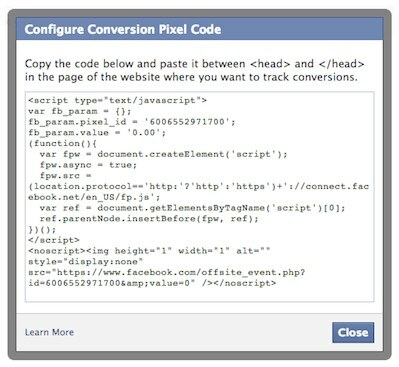 código de pixel de conversão do facebook