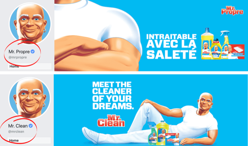 Página do Facebook e imagem da capa mostrando as diferenças de idioma da marca Mr. Clean nos mercados da França / Bélgica e dos EUA