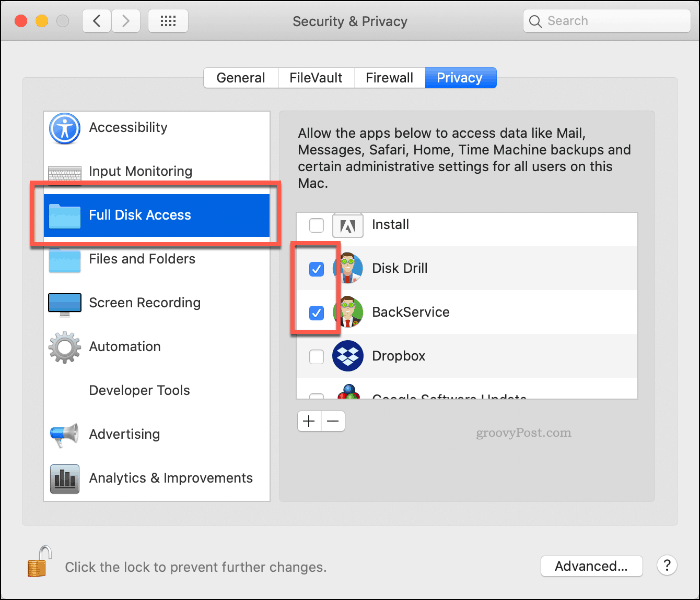 Autorizando o acesso total da unidade ao Disk Drill no macOS