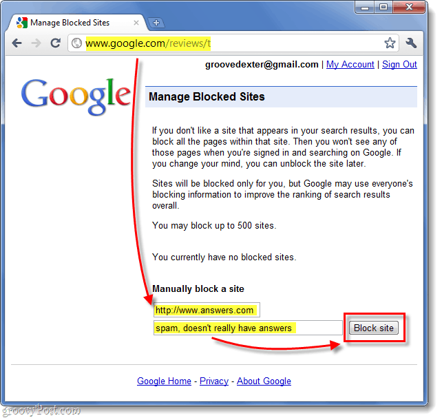 bloquear manualmente um site dos resultados de pesquisa do Google 