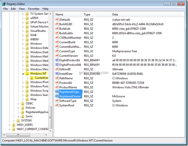 Captura de tela do Editor do Registro do Windows