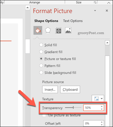 Nível de transparência modificado para uma forma do PowerPoint