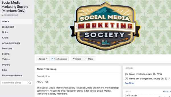 Como usar os recursos de Grupos do Facebook, exemplo de página de grupo do Facebook para Social Media Marketing Society