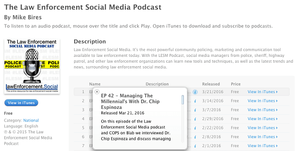 blabs de mídia social para aplicação da lei enviados para o iTunes como podcasts