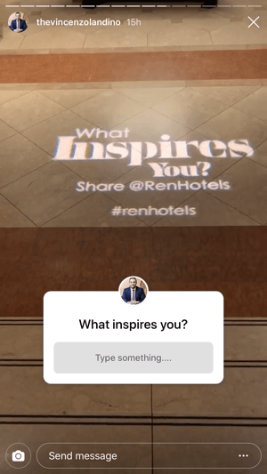 Crie histórias fortes e envolventes no Instagram, exemplo do adesivo de pergunta usado na história de @ thevincenzolandino