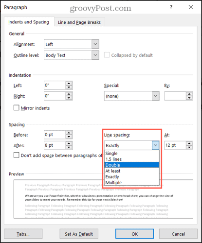 Espaçamento entre linhas, duplo no Word no Windows