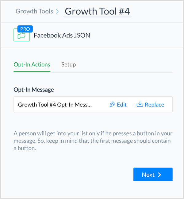 Molly Pittman diz que a ferramenta JSON Growth Tool do ManyChat no Facebook Ads permite que você conecte um anúncio do Facebook ao seu chatbot.