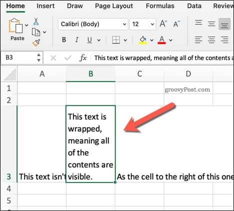 Exemplo de texto embalado no Excel