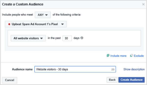 Escolha opções para configurar um público personalizado do Facebook de todos os visitantes do site nos últimos 30 dias