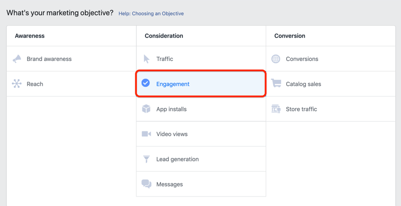 etapa 1 de como configurar uma campanha de engajamento no Facebook para promover a pesquisa de clientes
