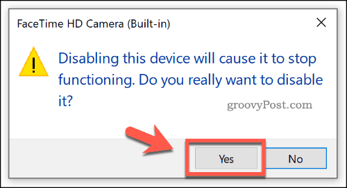 Confirmando um dispositivo que está sendo desativado no Gerenciador de dispositivos no Windows 10