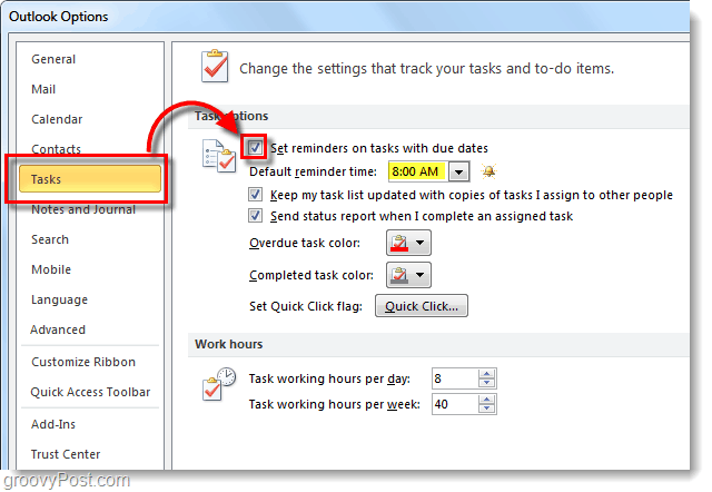 Como configurar lembretes de tarefas padrão para o Outlook 2010