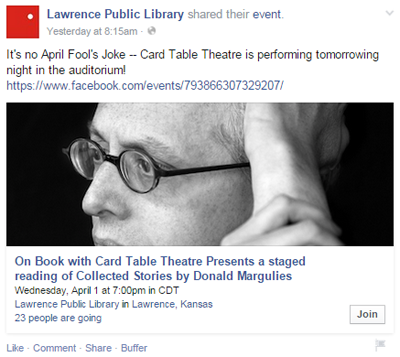 post no facebook do evento da biblioteca pública de lawrence
