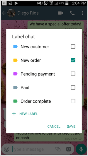Crie etiquetas personalizadas no WhatsApp Business.