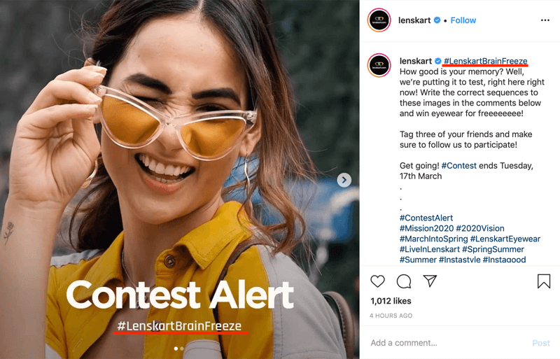 exemplo de postagem de concurso no Instagram que inclui hashtag de marca na imagem e legenda
