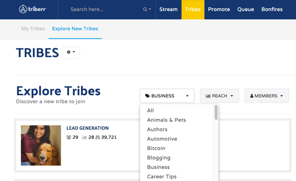 Vá para a guia Tribos para pesquisar tribos para se juntar no Triberr.