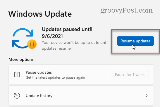 Retomar as atualizações do Windows 11