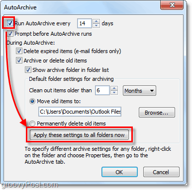 habilitar o arquivamento automático para todos os emails do Outlook 2010
