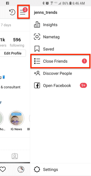 Opção para amigos próximos de um perfil do Instagram.