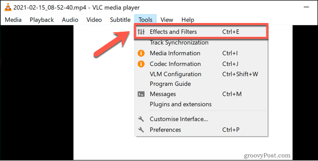Acessando o menu de efeitos e filtros do VLC no Windows